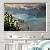 Framed Canvas Wall Art Foggy Mountains Aerial Cool Multicolor Nature Photography Realism Relax/Calm Rustic Wilderness - 16x24 inches