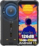 Ulefone RugKing Android 15 Smartphone truqué, 9600mAh Batterie, 126dB Haut-parleur, 16GB+256GB 50MP Caméra arrière 5.99" Téléphone dur, intégré 126 Lampe de poche Lumens Glare, NFC/Dual SIM/Widevine L1