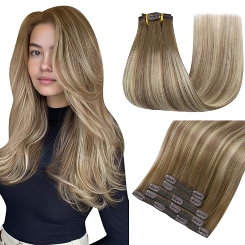 Easyouth Clip in Extensions Real Human Hair Brown Ombre Human Hair Extension Clip ins Brown Balayage Ashbrown Mixed Medium Blonde Clips in Real Hair Extensions Easy to Style 18Inch 5Pcs 70g #3/8/22