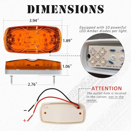 NEW SUN® 5 Pcs Amber 10-LED Trailer Side Marker Light, 4x2 Rectangular Surface Mount, High Brightness for Camper, Trucks, Rvs, 12V, Waterproof, Bullseye/Tiger Eye/Double Bubble Dsign Clearance Light