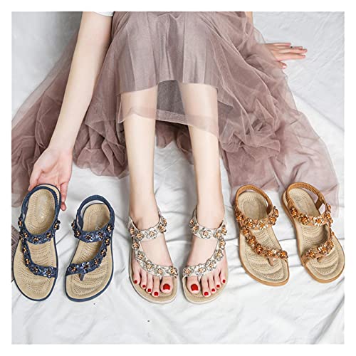 ls Woman ls PU Elastic Band 2CM Flat Toe Round Toe Chain Pearl Shallow Flowers Low Heels Shoes Women Shoes Size Bohemia (Color : Yellow Size : 10) (Yellow 6)4