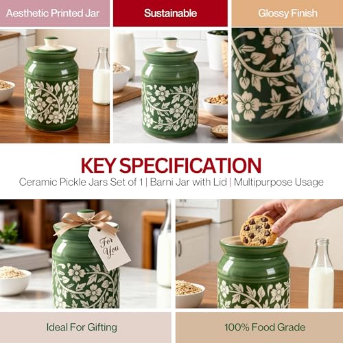 Image of Green Floral Ceramic Handglazed Pickle Jars Set of 1-1000 ML Each | 1 kg Achaar Martban Barni Jar with Lid | Ceramic Storage Jar Container Pickle, Chatney