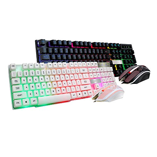 Games Keyboard & Mouse Combos Colorful Crack LED Illuminated Backlit USB Ergonomic Wired PC Gaming Keyboard + Mouse (White)