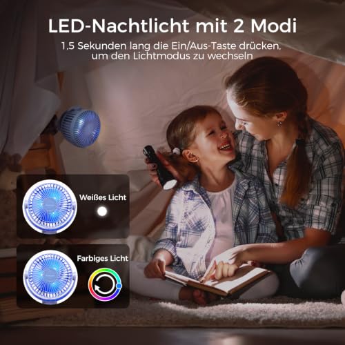 Momcozy Tragbarer Kinderwagen-Ventilatoren, Clip Ventilator, 360° Abnehmbare 4 Geschwindigkeiten, LED-Nachtlicht Ventilator,Reisen (Violett) – Ansicht 6