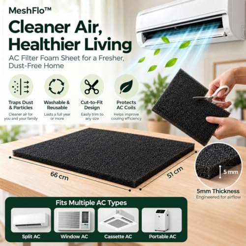 Image of 40 PPI AC Filter Foam Sheet 66x51x0.5cm | Washable, Reusable Cut-to-Fit Air Filter for Split & Window AC | DIY Pre Filter | Fits LG, Voltas, Samsung & More
