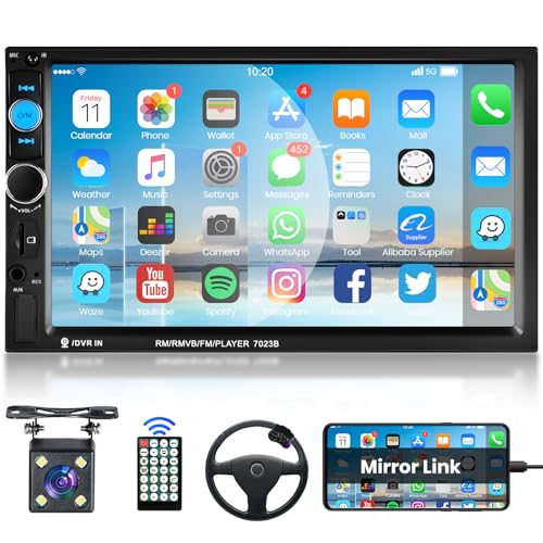 Podofo Radio Coche 2 DIN con Pantalla 7'' Mirror Link para iOS/Android Bluetooth Manos Libres Radio FM USB Volante Control 7 Color Botón AUX-IN Cámara de Visión Trasera