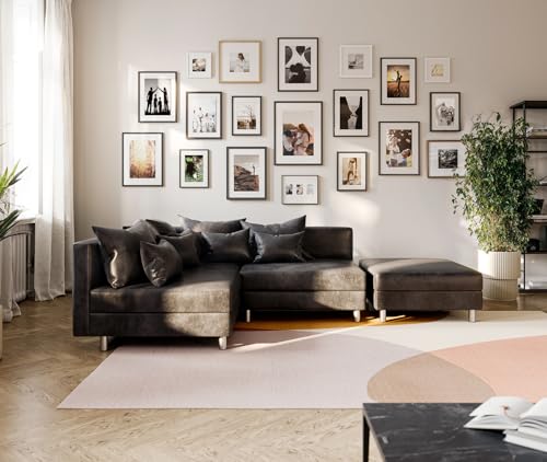 DELIFE Eckcouch Clovis Anthrazit Antik Optik mit Hocker Ottomane Links Ecksofa modular