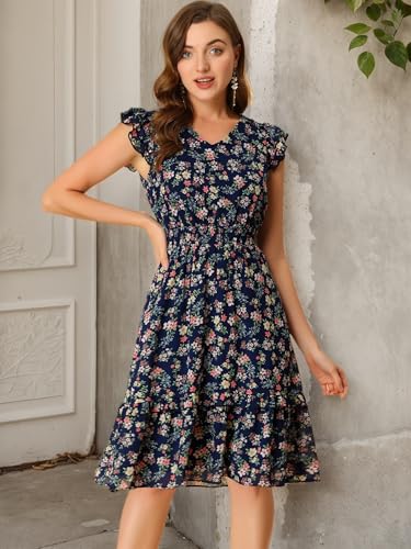 Image of Allegra K Women's Floral Dress Spring Summer V Neck Flutter Sleeve Ruffle Casual Smocked Knee Length Dresses