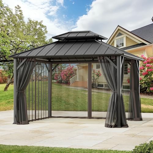 Covered Outdoor Universal Gazebo Mosquito Netting Replacement - 10' x 12' 4-Panel Screen Walls with Double Zipper for Outdoor Patio Canopy Garden Gazebos, Dark Brown and Black