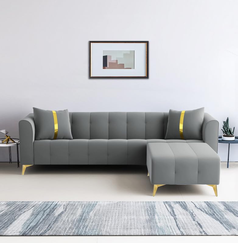 Image of Adorn India Premium Mystic - 3 Years Warranty - L Shape 5 Seater Sofa Set Velvet Suede Fabric - Grey