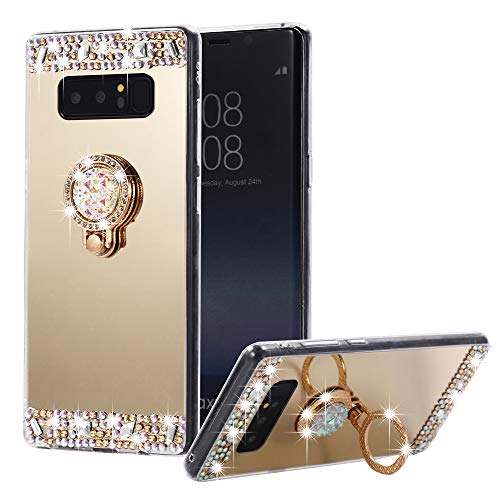 Miniko Galaxy Note 8 Case Bling, (TM) Sparkly Slim TPU Mirror Makeup Bling Rhinestone Diamond Back Case Cover with Detachable 360 Degree Ring Holder Stand for Samsung Galaxy Note 8 Gold