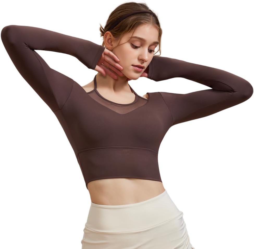 Harssidanzar Women's Yoga Workout Tops 2 in 1 Sports Bra for Gym Athletic Casual Long Sleeve CL312US - Image 5