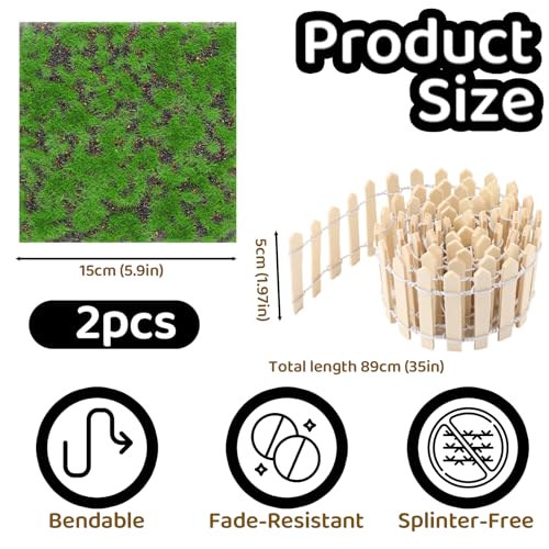 2 Pcs Miniature Garden Fence Miniature Garden Accessories, 1 Pcs 35 Inch Wood Picket Fencing Gate with 1 Pcs 6 X 6 Inches Fake Grass, Miniature Garden Accessories for Miniature DIY Decoration