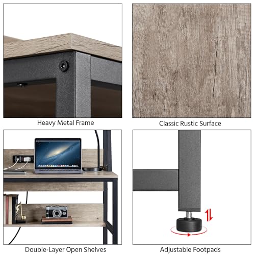 Image of Yaheetech Home Office 47 Inch Writing Desk with Power Outlets and 2 USB Charging Ports for Studying, Gaming Table Computer Desk with Hutch and Bookshelf, Metal Frame Workstation for Office, Gray