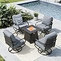 MFSTUDIO 5 Pieces Patio Conversation Sets, Outdoor Metal Furniture Sofas with 1 x 28 50,000 BTU Square Propane Gas Fire Pit Table and 4 x Steel Frame Patio Sofa Swivel Chairs with Grey Cushion