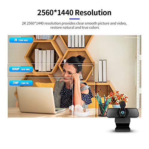 Andoer Câmera de web de foco manual de webcam 2K USB com capa de privacidade Microfone de redução de
