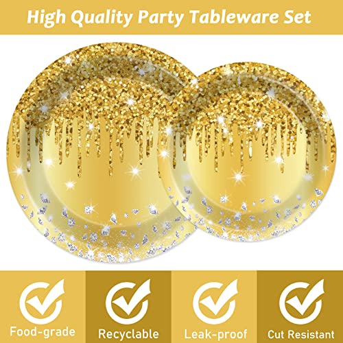 Image of 96 PCS Golden Birthday Party Decorations Tableware Set for Golden Themed Happy Birthday Supplies Diamond Gold Plates Napkins Forks for 24 Guests Men Women Anniversary Engagement Wedding Party Favors