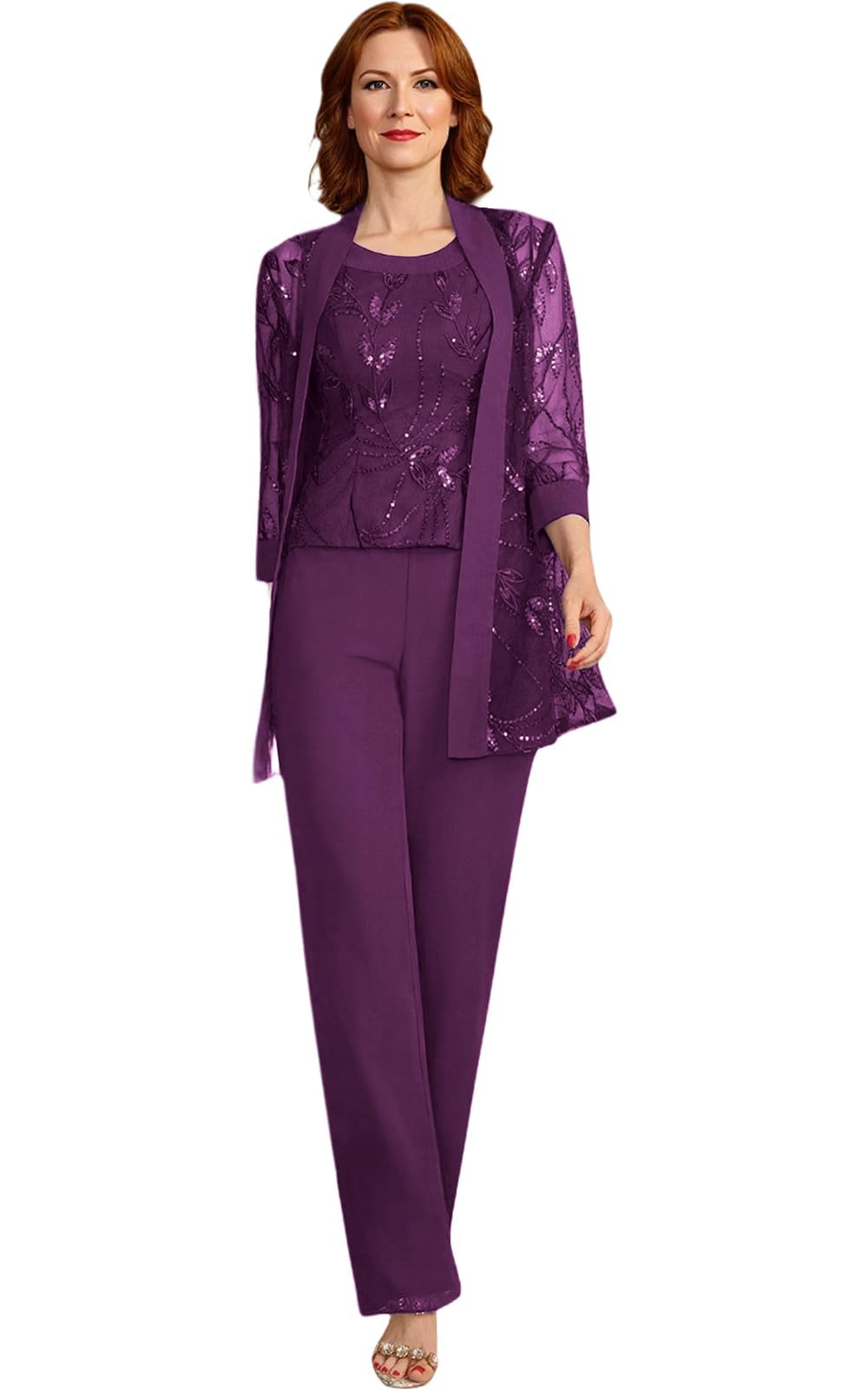 3 Pieces Dressy Pant Suits for a Wedding - Sequin Chiffon Lace Long Mother of The Bride Pant