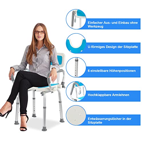 Cecaylie Taburete de ducha para personas mayores, asiento de ducha con respaldo y reposabrazos, altura ajustable, taburete de baño con antideslizante, aluminio para la ducha,Blanco,8988 - imagen 4