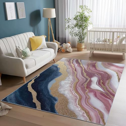 Tapis de salon doux bleu poudré au motif abstrait élégant et finitions haut de gamme