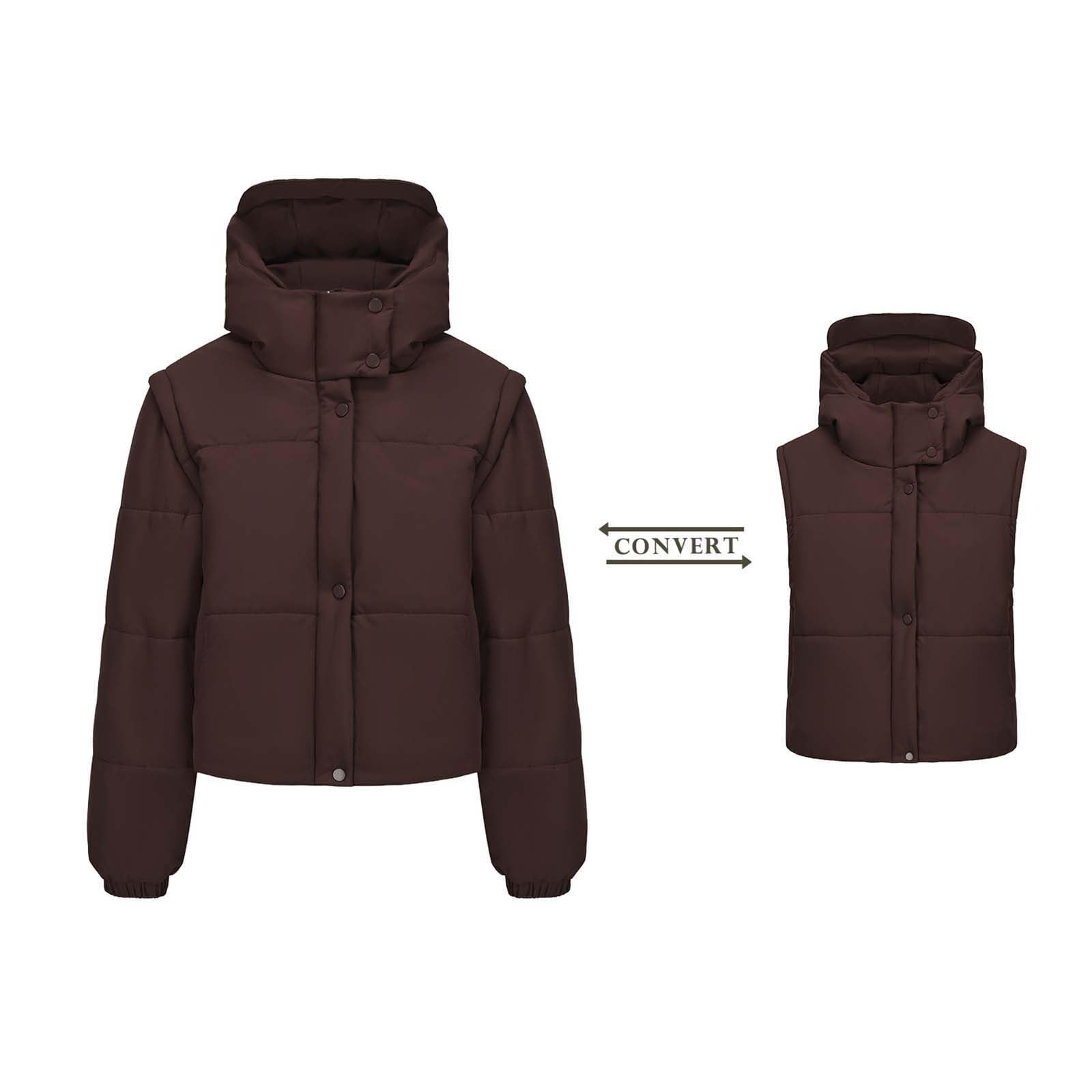 Chaqueta Mujer Abrigo Entretiempo Invierno Cazadora Plumiferos，Corto Grueso Mujer Chaqueta Invierno Desmontable Mangas Abrigo Exterior Casual Cálida Ligera Viaje Diario