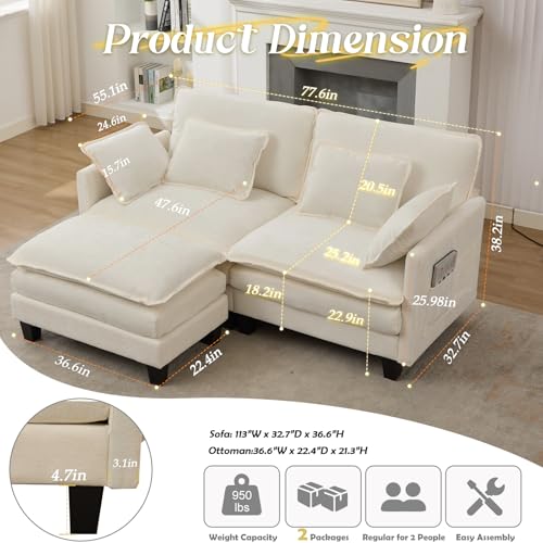 SAMERY Modular Sectional Sofa, 77.6\" L Shaped Couch Set for Living Room Comfy Cloud Couch with Movable Ottoman, Extra Deep Seat Sofa Sleeper with 4 Pillows, Cream White Chenille 2-Seater Sofa