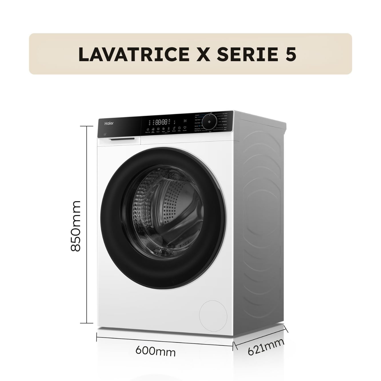Haier X Serie 5 Lavatrice 12 Kg, Libera Installazione, Carica Frontale, Classe A-30%, 1400 Giri, Smart AI Cycle, Ciclo Refresh a Vapore, Wi-Fi con App hOn, 85x60x66 cm, Bianca – HW120-BP14357UIT