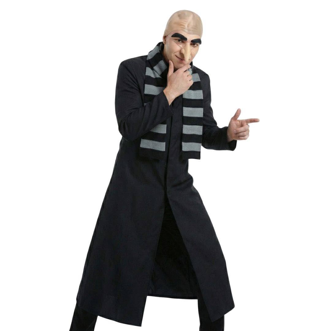 Adults Despicable Villain Costume – Long Black Duster Jacket, Elastic Cartoon Nose, Black Scarf, Bald Cap & Stick-On Eyebrows – Movie-Inspired Fancy Dress Costume for Halloween & Parties (Plus Size)