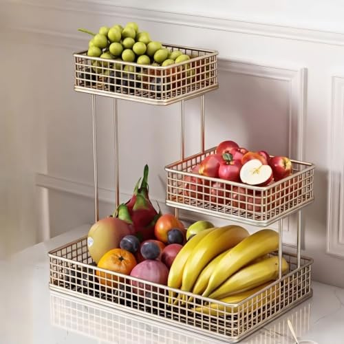 Image of 3 Tier Fruit Basket for Kitchen | Space Saving Decorative Kitchen Organizer | Multi-Layer Dining Table Organizer for Fruits, Snacks & Jars (3 Tier - Silver)