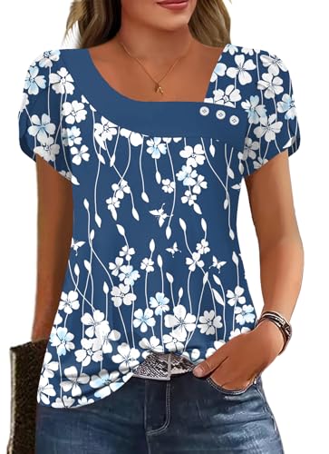 Image of Womens Petal Sleeve Tops Summer Trendy T Shirt Casual Loose Square Neck Button Blouse Tees