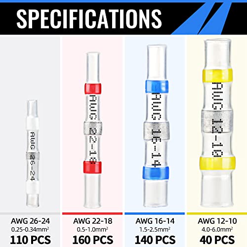 450Pcs Solder Seal Wire Connectors, Self Soldering Heat Shrink Butt Connector Solder Sleeve Waterproof Insulated Electrical Butt Splice Wire Terminals For Marine Automotive Boat Truck #TOP1