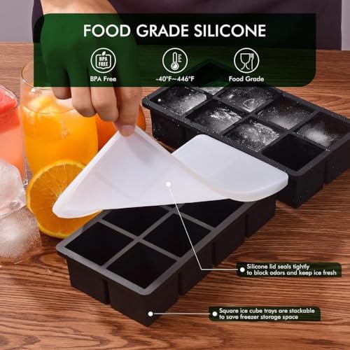 Image of Ice Cube Molds with Lid,Big Silicone Ice Cube Tray for Whiskey,2Inch Square Ice Cube Tray,Easy-Release Ice Mold,Giant Ice Cubes for Bourbon Cocktail (1, Black)