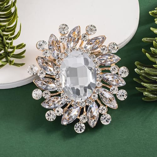 Image of SELOVO Flower Rhinestone Statement Brooch Pin Broach Antique Gold Tone