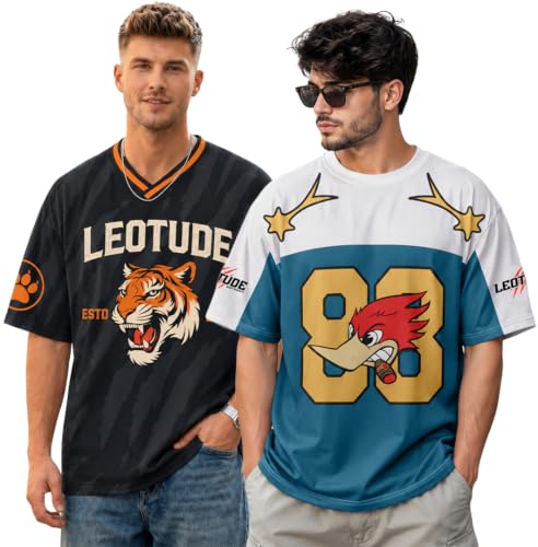 Image of LEOTUDE Men's Tiger Graphic Printed Oversized T-Shirt | Bold Red Sports Jersey Style Tee | V-Neck Half Sleeve Casual Streetwear for Men's (Color:Red)