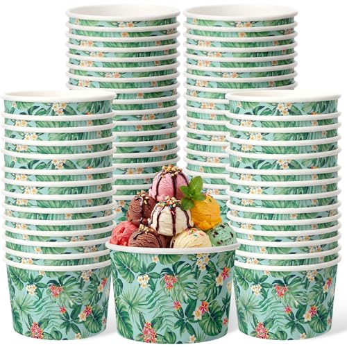 Image of Funnymoom 50 Pack Hawaiian Luau Ice Cream Cups 9 oz Aloha Tropical Palm Leaves Disposable Dessert Bowls Hawaii Paper Soup Bowls Snack Cups for Hot or Cold Food for Summer Beach Birthday Party Supplies