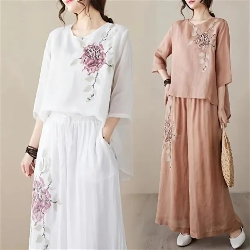Women Linen Embroidered Pullover Two Piece Set Wide Leg Pants Casual Outfit
