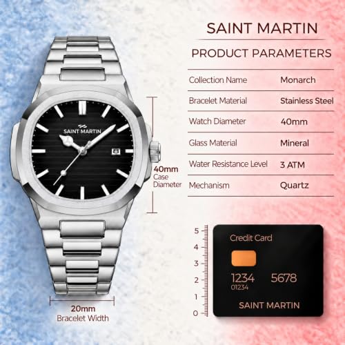 Image of Saint Martin Paris Stainless Steel Watch for Men, Date Display, 40 mm Case, Butterfly Clasp, 3 ATM Water Resistance, Monarch Series