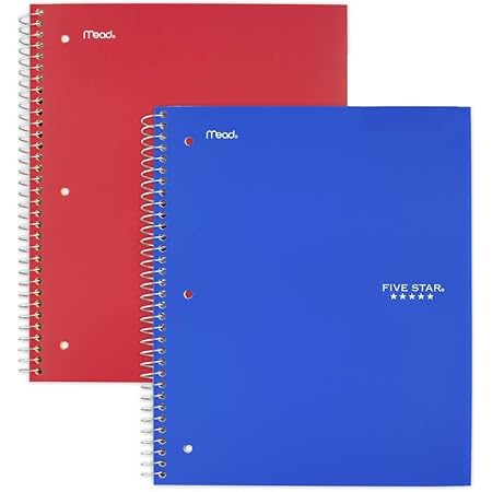 Five Star Spiral Notebooks, 5 Subject, College Ruled Paper, 200 Sheets, 11" x 8-1/2", Blue, Red, 2 Pack (38459)