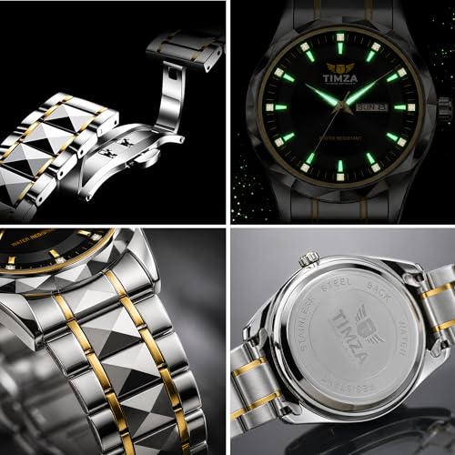 Image of Men's Analog Quartz Watch with Black Dial, Two Tone Stainless Steel Strap, Date Display, Luminous Hands and Water Resistant Design