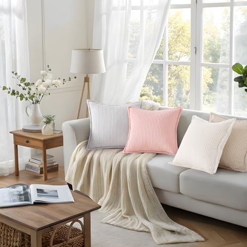 Mecatny Corduroy Throw Pillow Covers 18x18 Set of 2, Neutral Decorative Soft Boho Couch Pillow Covers with Broadside for Sofa Living Room, Cream White