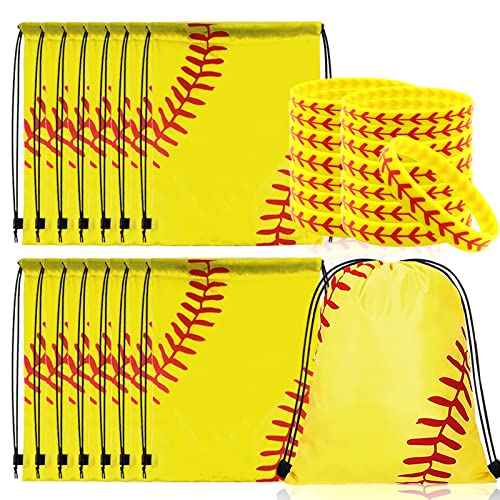 Softball Kordelzug 30 STÜCKE Softball Team Geschenk, Kordelzug-Rucksack-Säcke, Softball-Party-Bevorzugungs-Taschen, 15 Stück Silikon-Softball-Armband, 15pcs Softball-Geschenkbeutel für das Team Cover