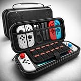 Case Rígido para Nintendo Switch e Switch OLED com Proteção Anti Impacto e Resistente à Água – Estojo de Viagem com Porta 10 Jogos e Compartimento para Acessórios, Cor Preto