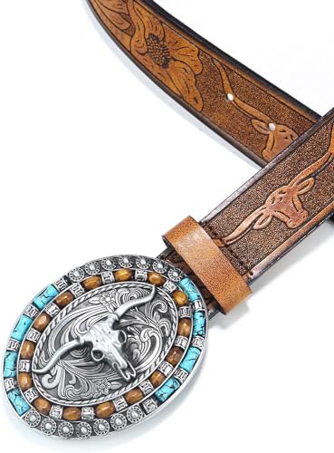 VERENIX Brown Western Cowboy Leather Belt for Men & Women, Vintage Turquoise Rivet Buckle, Large2