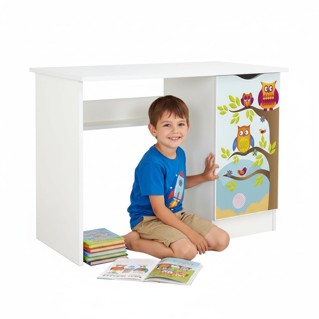 Biurko z szafką i półkami – funkcjonalne do nauki i pracy, dla dzieci, białe MDF 18 mm, kolorowy nadruk UV, kompaktowe wymiary 90 x 50 x 77 cm (Sowy)