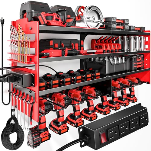 POKIPO Large Power Tool Organizer Wall Mount with Charging Station,4 Layer Heavy Duty Metal Tool...