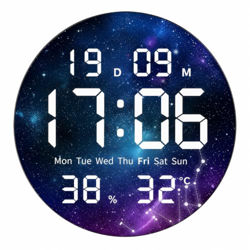 Image of Amazon Brand - Umi Galaxy Design Digital LED Wall Clock USB Tabletop Picture Clock Time Date Day Month Temperature & Humidity 12 /24 Hour Format Modern Decorative Clock for Living Room Bedroom Office