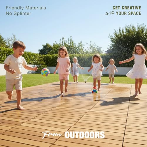 Image of Premium Acacia Wood Interlocking Deck Tiles, 9 PCS 12 inchx12 inchx0.9 inch Floor Tiles, Waterproof Wood Flooring for Backyard & Outdoor Patio Decor, All Weather Use (Golden Teak - Striped Pattern)