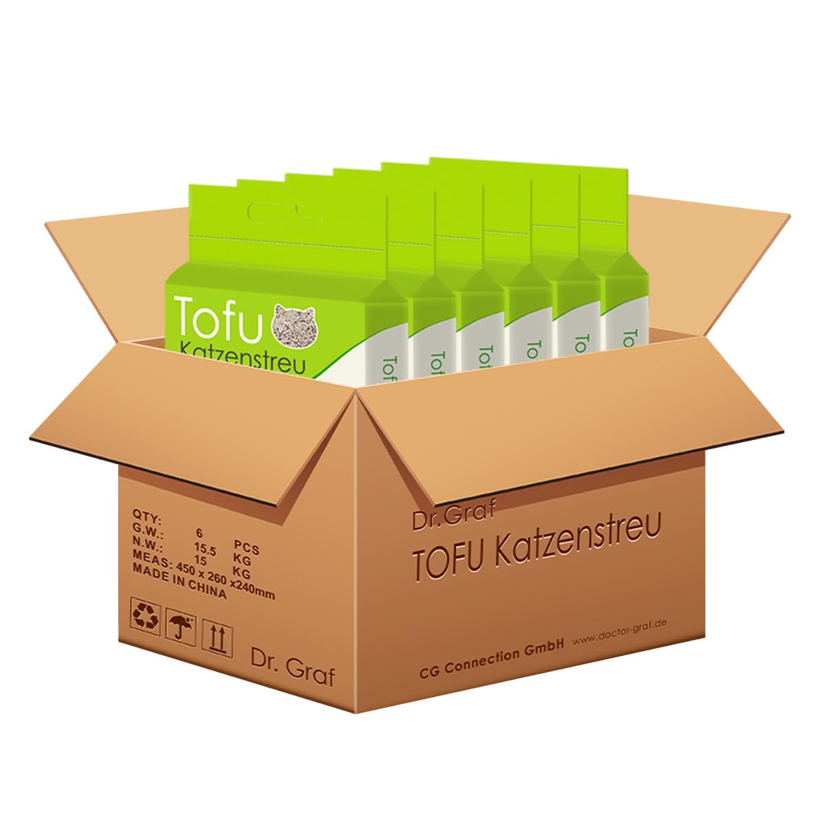Dr. Graf Tofu Arena para gatos, 100% natural, innovadora arena de grumos, inodora, completamente soluble en agua, biodegradable, sin polvo, extremadamente absorbente y de secado rápido (6 x 2,5 kg)