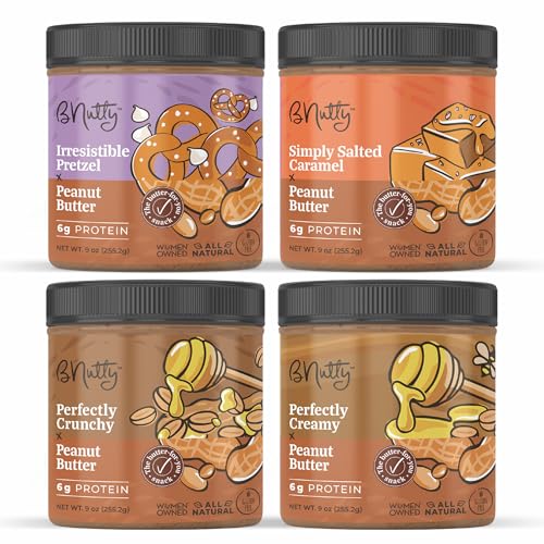 B'Nutty Sweet & Salty Peanut Butter | Simply Irresistible Salted Caramel & Pretzel Peanut Butter | Wholesome, Crunchy & Creamy, High Protein, Gluten Free Flavored Gourmet Butter | 9oz Jars, 4-Pack