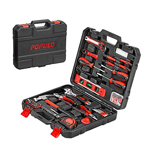 POPULO 173 Piece Hand Tool Set, Basic Home Tool Kit with Tool Box, Socket Set, Screwdriver, Hammer, Pliers, Wrench and etc, Household Tool Kit for Apartment, Car, Mechanics, Handyman